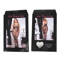 Bodystocking, Floral Motif Mesh, PLUS SIZE, BLK